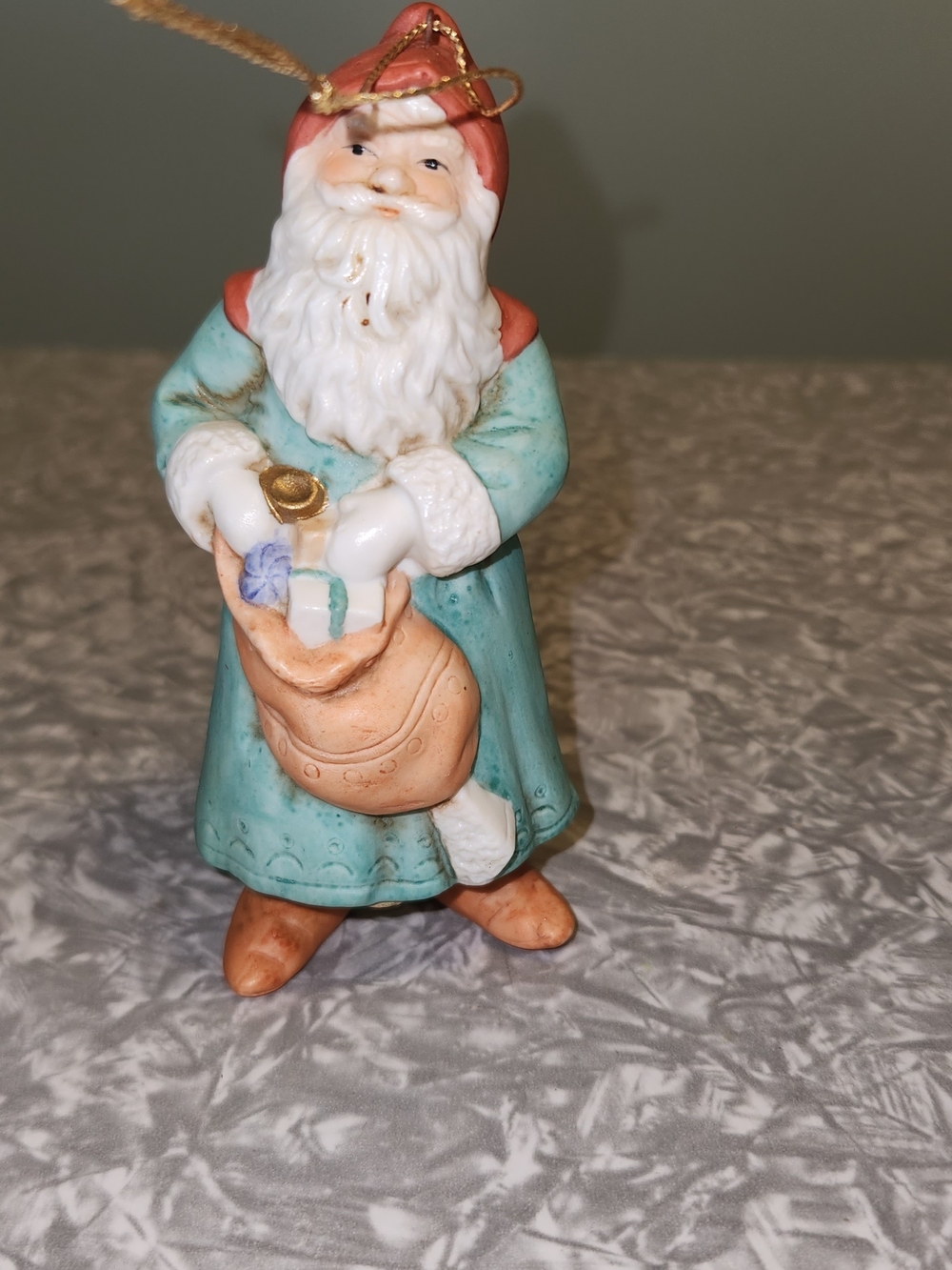 Aqua and Coral Santa Holiday Ornament with Gold Accent